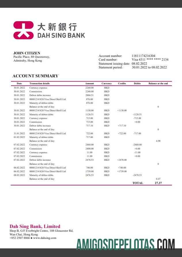 Exemplo de extrato bancário DAH Sing de Hong Kong